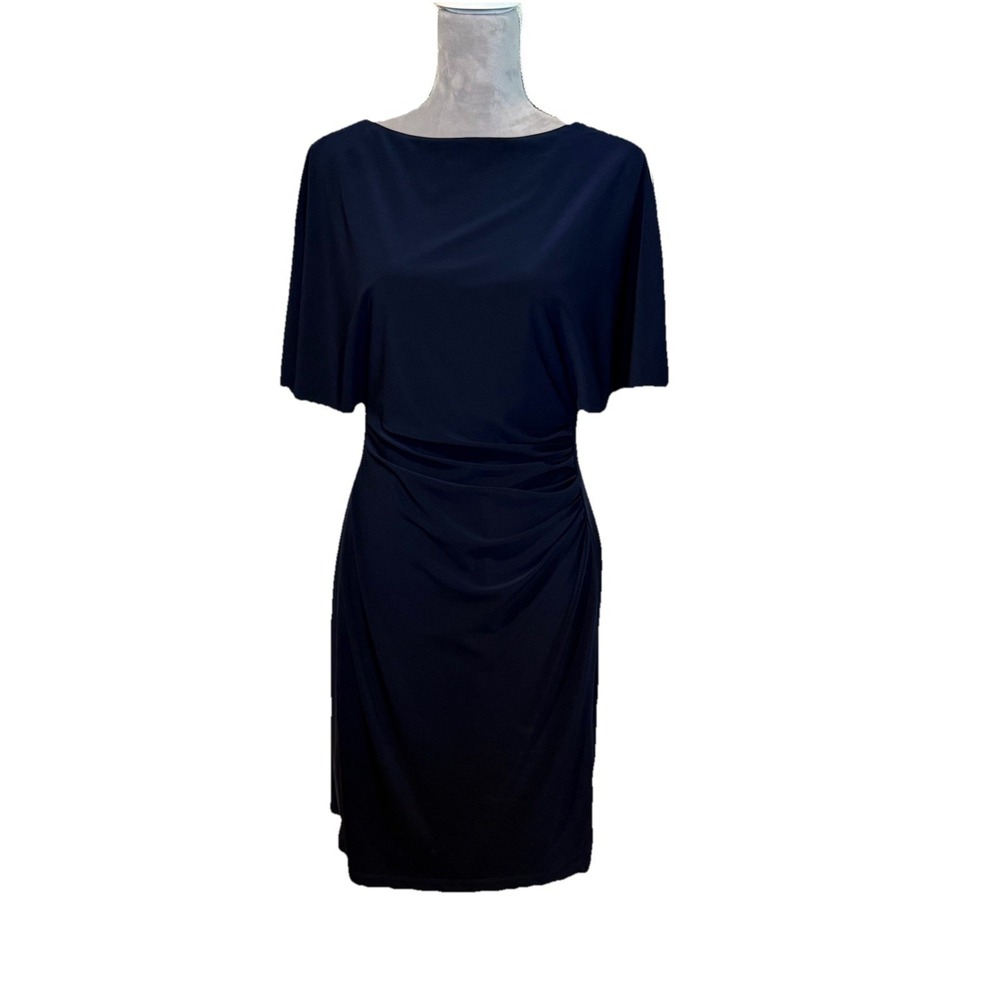 Lauren Ralph Lauren Navy Blue White Stripe ruched sheath Career dress Stretch 8